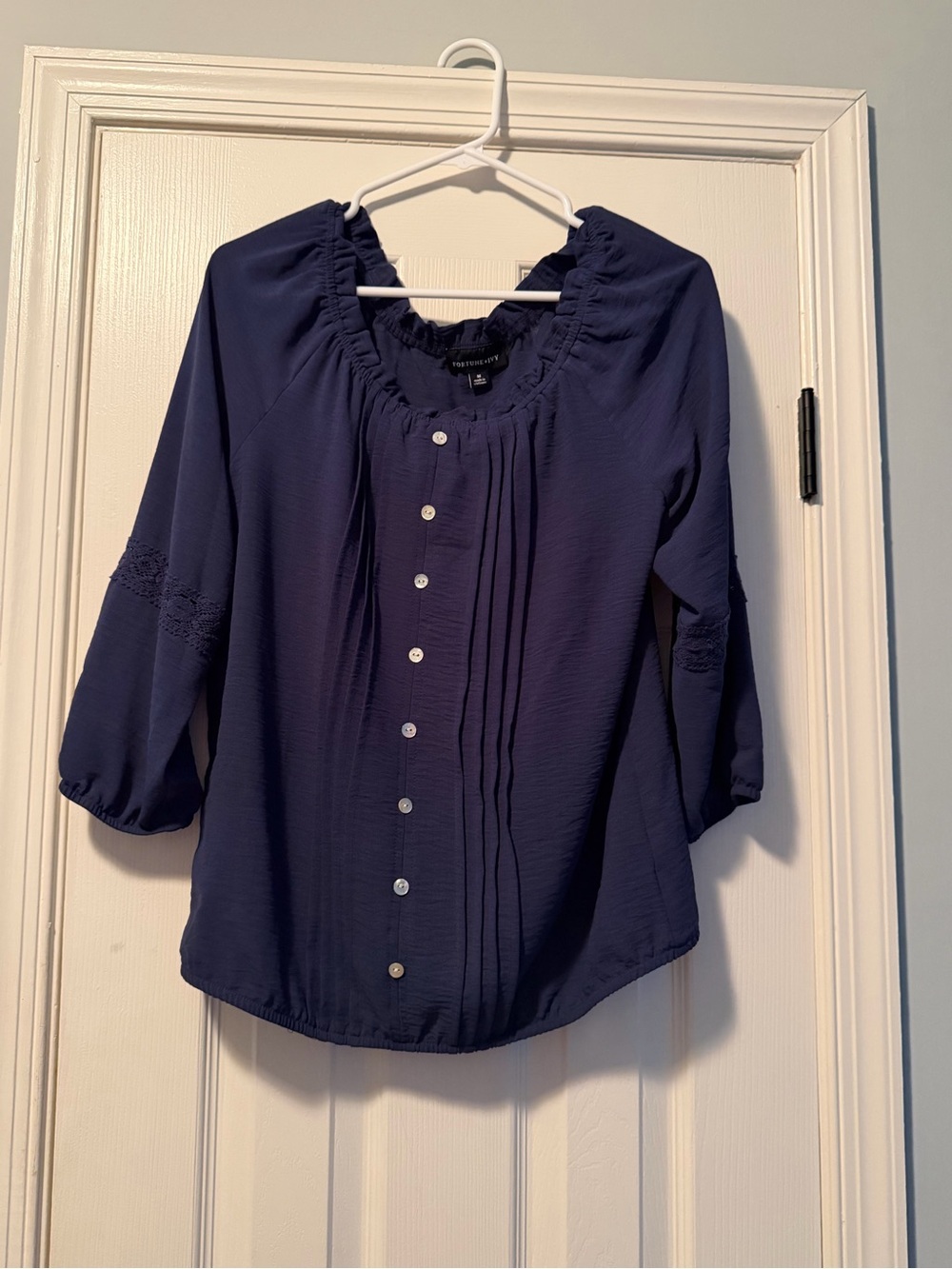 Fortune + Ivy Navy Pintuck Button-Front Peasant Blouse